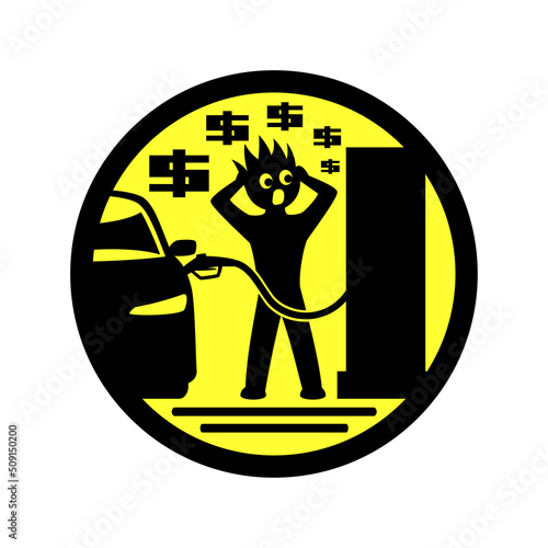 Round icon the driver refuels the car with expensive gasoline.