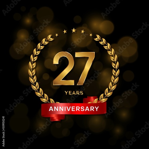 27 years anniversary logo with golden  laurel and red ribbon for booklet, leaflet, magazine, brochure poster, banner, web, invitation or greeting card. Vector illustrations.