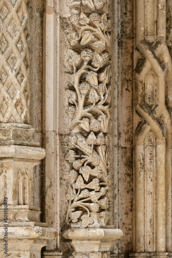 carved pillars in Interior of the Unfinished chapels in Batalha monastery, Portugal