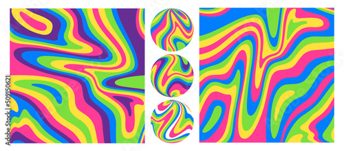 Set of Wavy Acid Colored Patterns in Retro Style. Abstract Vector Textures in 1970 Hippie Aesthetics