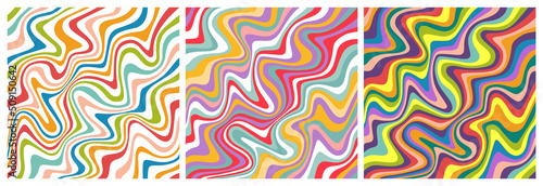 Set of Wavy Colorful Seamless Patterns in Retro Style. Abstract Vector Textures in 1970 Hippie Aesthetics