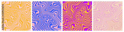Set of Wavy Seamless Trippy Patterns in Psychedelic Colors. Abstract Vector Swirl Backgrounds. 1970 Aesthetic Textures with Flowing Waves photo