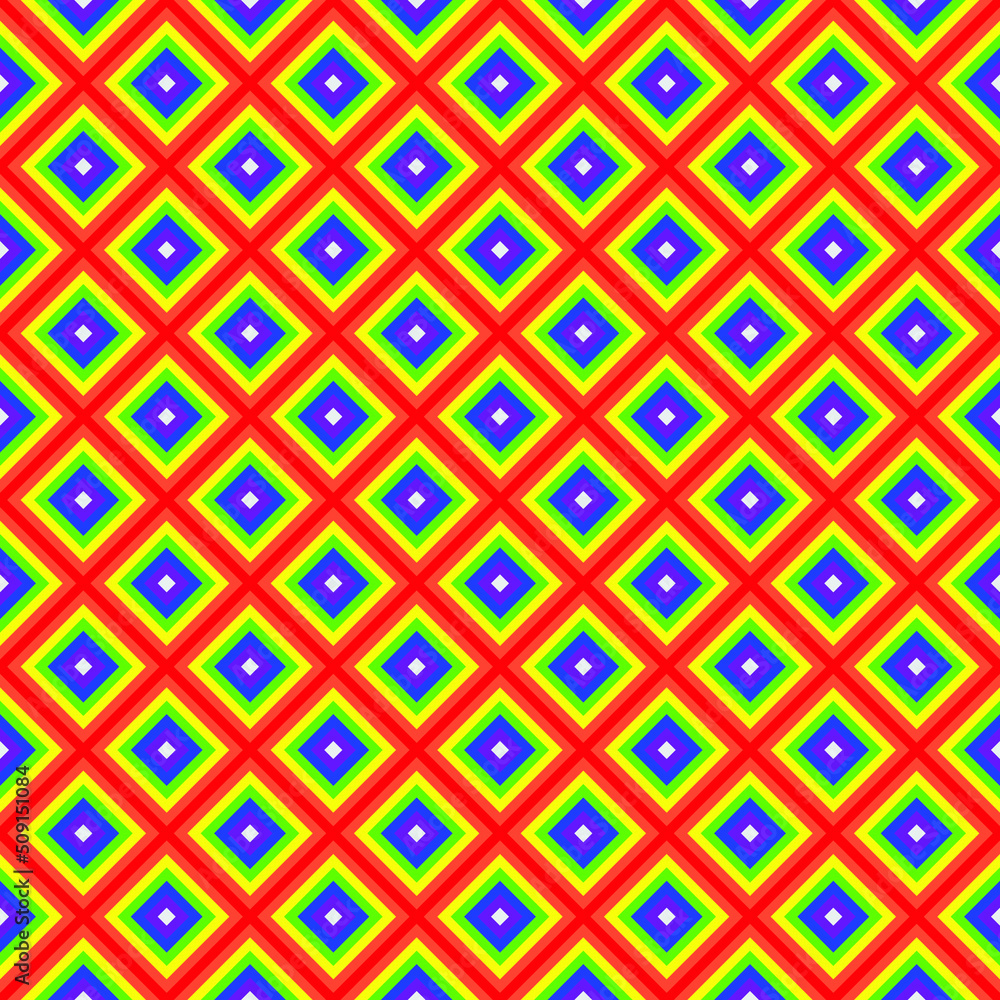 Colorful layer square pattern. Multicolor maze stripes pattern on colored background. Diagonal lines and squares. LGBTQ+ colored background.