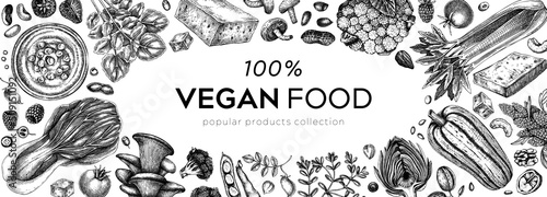 Vegan food sketched background. Healthy food banner template. Middle eastern cuisine frame. Hand drawn vegan meals and ingredients for menu, recipe, packaging design. Vegan food illustration