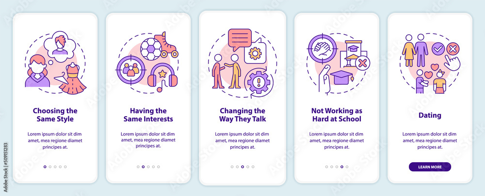 Peer pressure on teens onboarding mobile app screen. Same interests walkthrough 5 steps editable graphic instructions with linear concepts. UI, UX, GUI template. Myriad Pro-Bold, Regular fonts used Peer pressure on teens onboarding mobile app screen. Same interests walkthrough 5 steps editable graphic instructions with linear concepts. UI, UX, GUI template. Myriad Pro-Bold, Regular fonts used