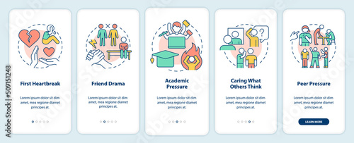 Teenage issues onboarding mobile app screen. First heartbreak walkthrough 5 steps editable graphic instructions with linear concepts. UI, UX, GUI template. Myriad Pro-Bold, Regular fonts used