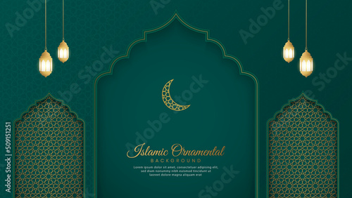 Islamic Arabic Green Luxury Background with Geometric pattern and Beautiful Arch with Lanterns