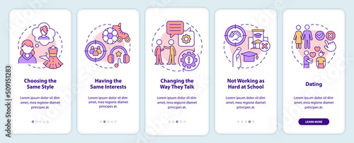 Peer pressure on teens onboarding mobile app screen. Same interests walkthrough 5 steps editable graphic instructions with linear concepts. UI, UX, GUI template. Myriad Pro-Bold, Regular fonts used