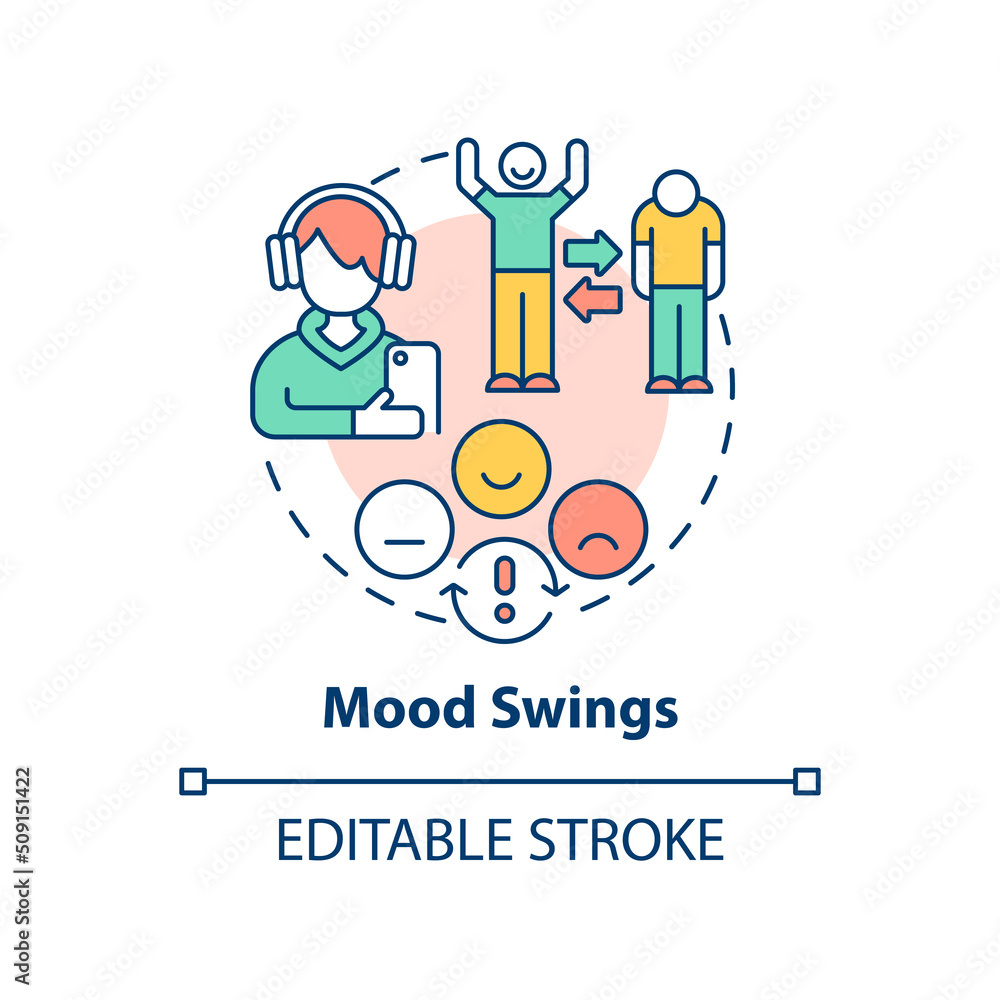 Mood swings concept icon. Teenage problem abstract idea thin line illustration. Hormonal shifts. Bipolar disorder. Isolated outline drawing. Editable stroke. Arial, Myriad Pro-Bold fonts used