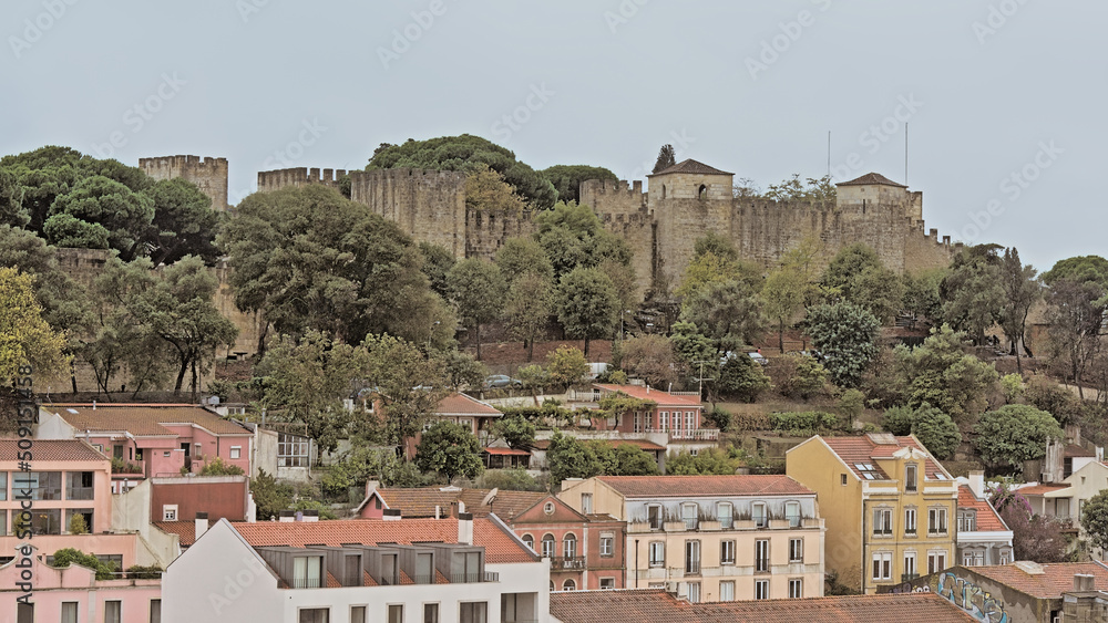Castelo de Sao Jorge, historical moorish castle on a hilltop over Lisbon, Portugal 