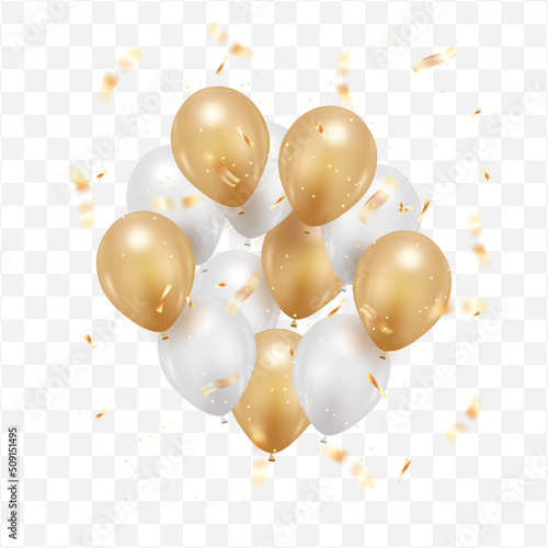 Realistic flying balloon with confetti. 3d vector illustration