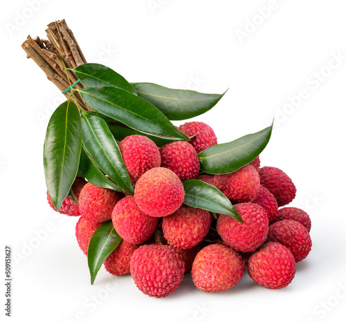 Lychee with leaves isolated on white background, Sweet lychees fruits with leaves on White With clipping path.