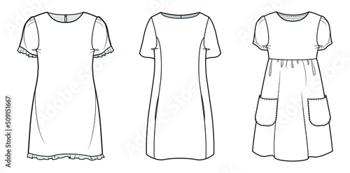 short sleeve dress flat sketch vector illustration women and girls dress, frock flat drawing cad mockup isolated on white background.