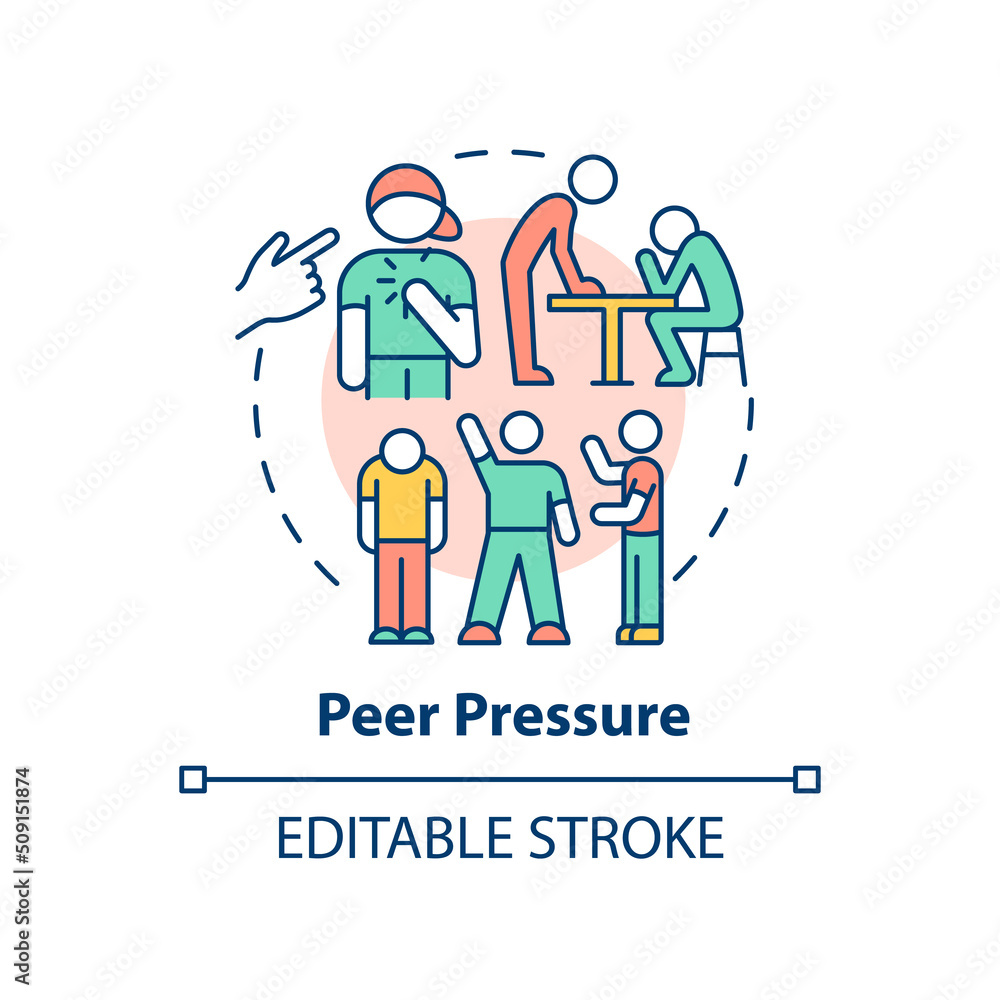 Peer pressure concept icon. Teenage life struggle abstract idea thin line illustration. Peer influence during adolescence. Isolated outline drawing. Editable stroke. Arial, Myriad Pro-Bold fonts used