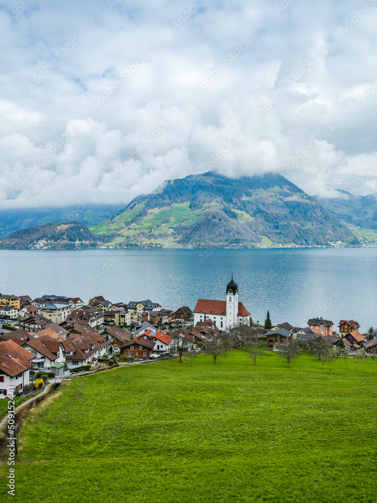 Fototapeta premium Beckenried village on Lake Lucerne in Nidwalden, Switzerland