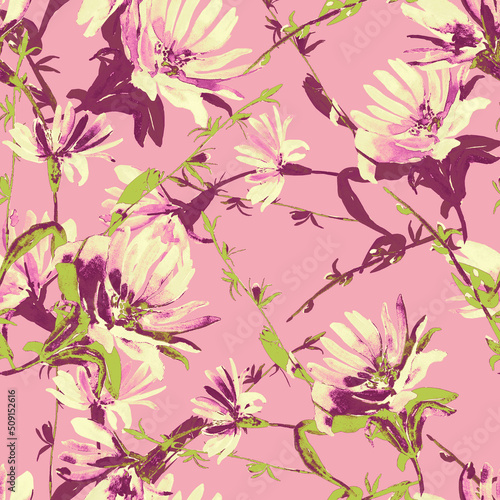 Branch Ivan-tea.Seamless pattern on white and colored background.Watercolor.