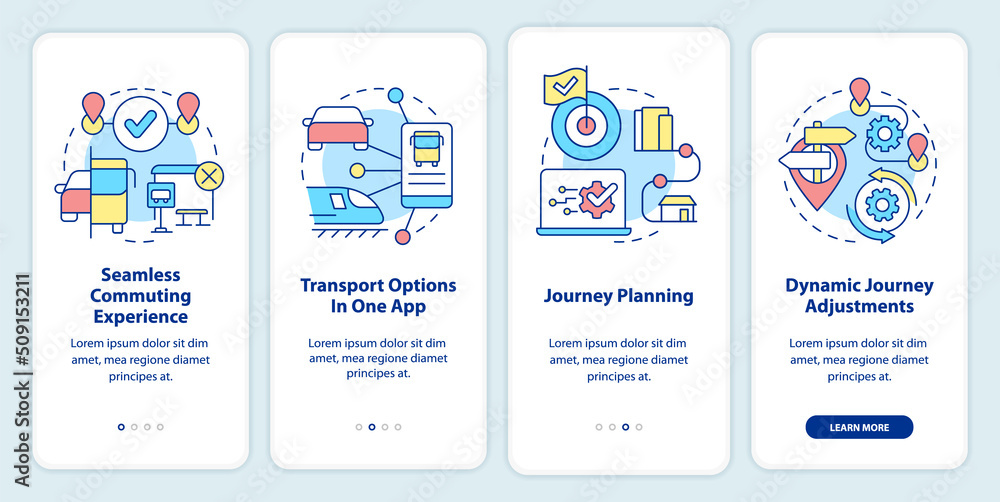 MaaS perks onboarding mobile app screen. Mobility services walkthrough 4 steps editable graphic instructions with linear concepts. UI, UX, GUI template. Myriad Pro-Bold, Regular fonts used
