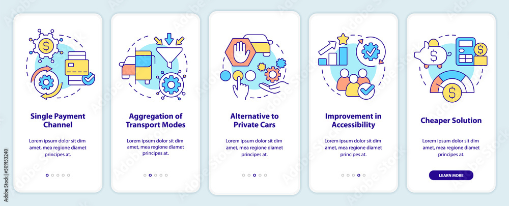 Mobility as service value onboarding mobile app screen. Features walkthrough 5 steps editable graphic instructions with linear concepts. UI, UX, GUI template. Myriad Pro-Bold, Regular fonts used