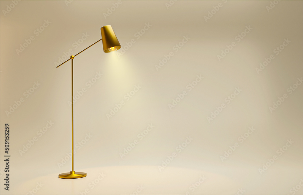 Golden floor lamp with bulb on empty room. space. 3d Render image. Torchiere. Modern style