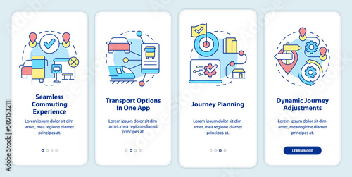 MaaS perks onboarding mobile app screen. Mobility services walkthrough 4 steps editable graphic instructions with linear concepts. UI, UX, GUI template. Myriad Pro-Bold, Regular fonts used