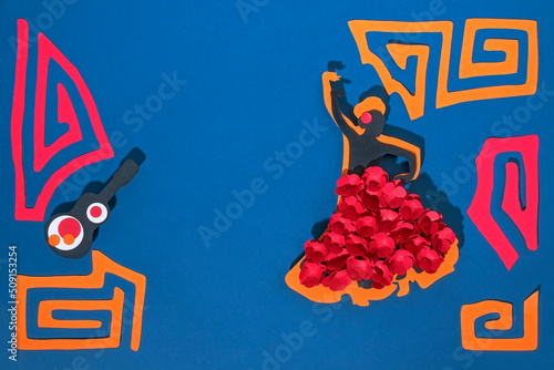 Creative paper craft Hispanic heritage month flat lay with traditional Guna people  textile design elements and salsa dancer