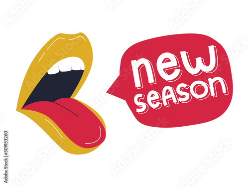 A poster announcing the new season of the podcast, broadcast, show. Female open mouth and speech bubble with handwritten words - New season. Flat vector illustration isolated on a white background
