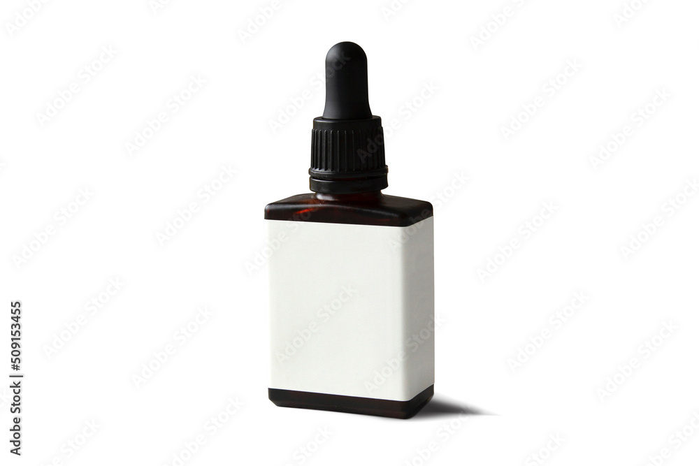 Blank amber rectangle dropper bottle with empty label mockup isolated on white background. 3d rendering. Blank amber rectangle dropper bottle with empty label mockup isolated on white background. 3d rendering.