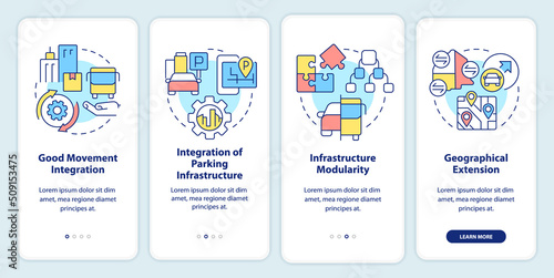 MaaS requirements onboarding mobile app screen. Service providing walkthrough 4 steps editable graphic instructions with linear concepts. UI, UX, GUI template. Myriad Pro-Bold, Regular fonts used