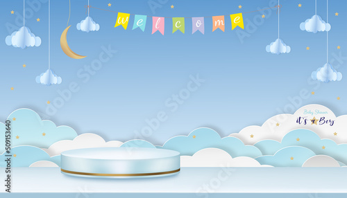 Cloud with Blue Sky background, Vector illustration Cloudscape  layers 3D paper cut style with copy space for text. Horizontal banner for Spring sale or Summertime season