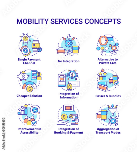 Mobility as service concept icons set. Urban infrastructure. Transport services. Maas idea thin line color illustrations. Isolated symbols. Editable stroke. Roboto-Medium, Myriad Pro-Bold fonts used