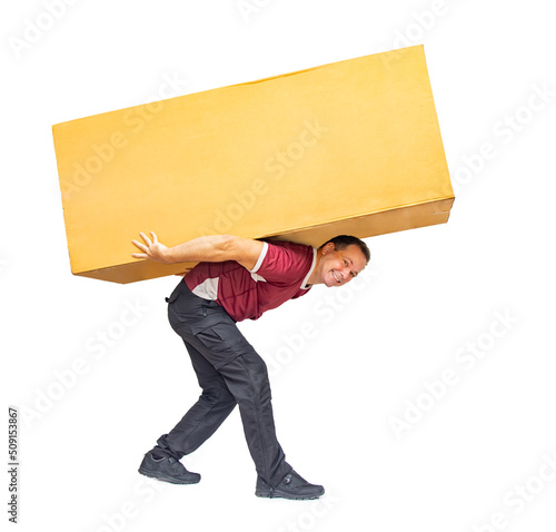 Courier delivering a large package, isolated on a white background.