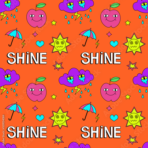 Seamless pattern with psychedelic elements. Trendy vector print. Abstract design of cartoon stickers. Trend vector illustration EPS