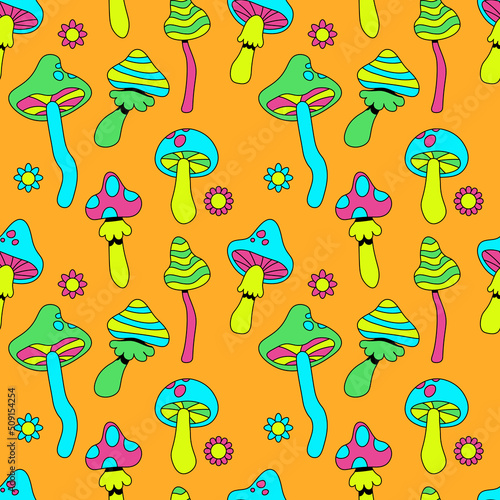 Funny crazy psilocybin magic mushroom seamless pattern.Vector hand drawn cartoon character illustration seamless pattern. Magic mushroom,psilocybin wallpaper print concept EPS