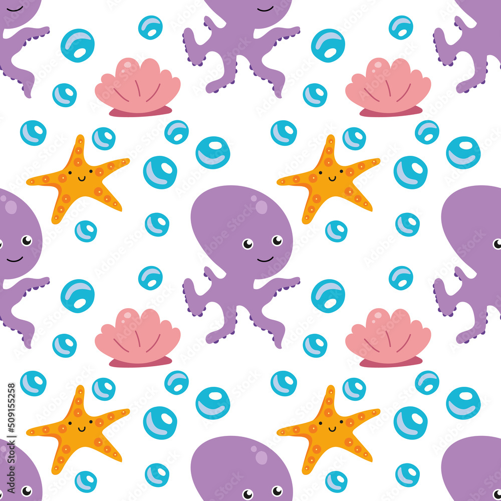 Obraz premium Cute seamless pattern with sea animals. Octopus, , shell, starfish. Undersea world EPS