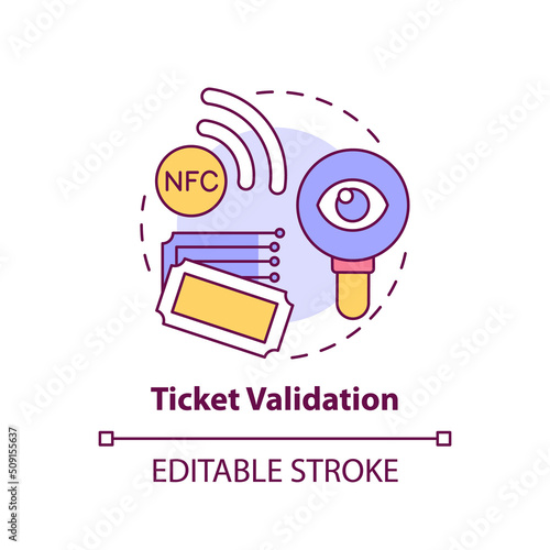 Ticket validation concept icon. Acquisition of transport ticket. Maas issue abstract idea thin line illustration. Isolated outline drawing. Editable stroke. Arial, Myriad Pro-Bold fonts used