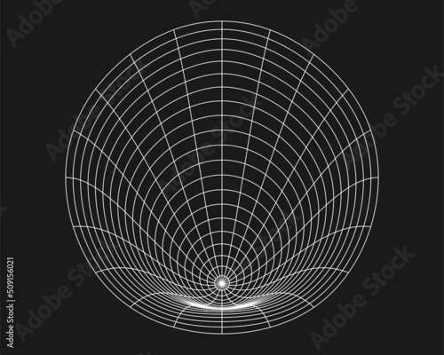 Cyber distorted round grid, retro punk design element. Wireframe wave geometry grid on black background. Vector illustration.