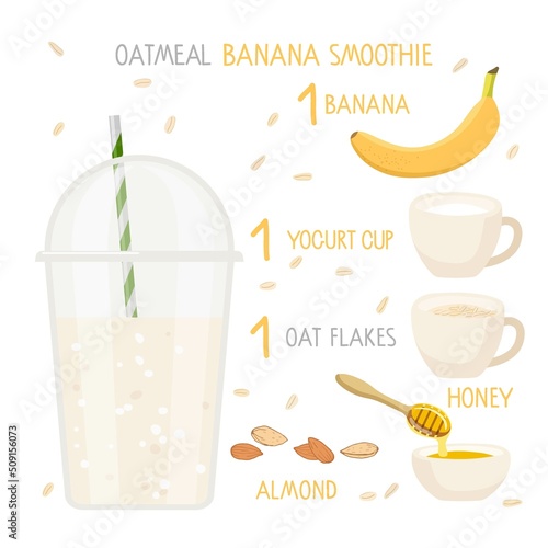 Banana oatmeal smoothie recipe. Plastic smoothie cup with straw and ingredients with inscriptions. Cup of yogurt  oat flakes  banana  honey  almont. For menu. Organic raw shake recipe  healthy food.