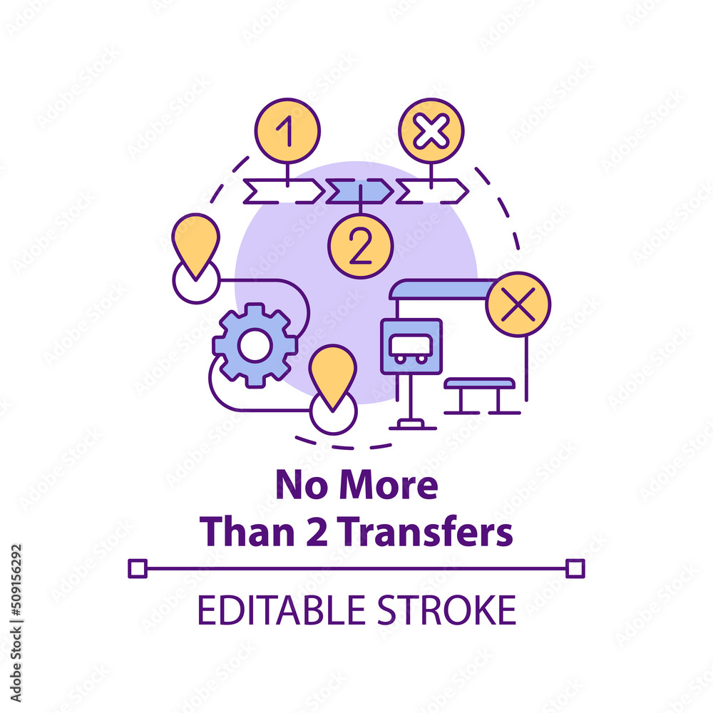 No more than two transfers concept icon. Building mobility service abstract idea thin line illustration. Isolated outline drawing. Editable stroke. Arial, Myriad Pro-Bold fonts used No more than two transfers concept icon. Building mobility service abstract idea thin line illustration. Isolated outline drawing. Editable stroke. Arial, Myriad Pro-Bold fonts used