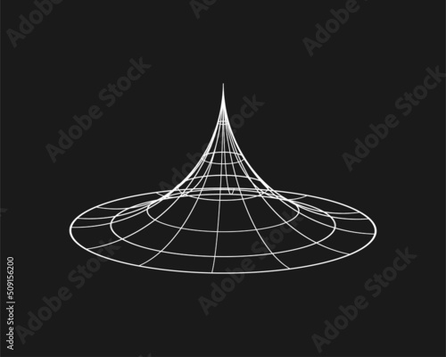 Cyber distorted shape, retro punk design element. Wireframe wave geometry shape on black background. Vector illustration