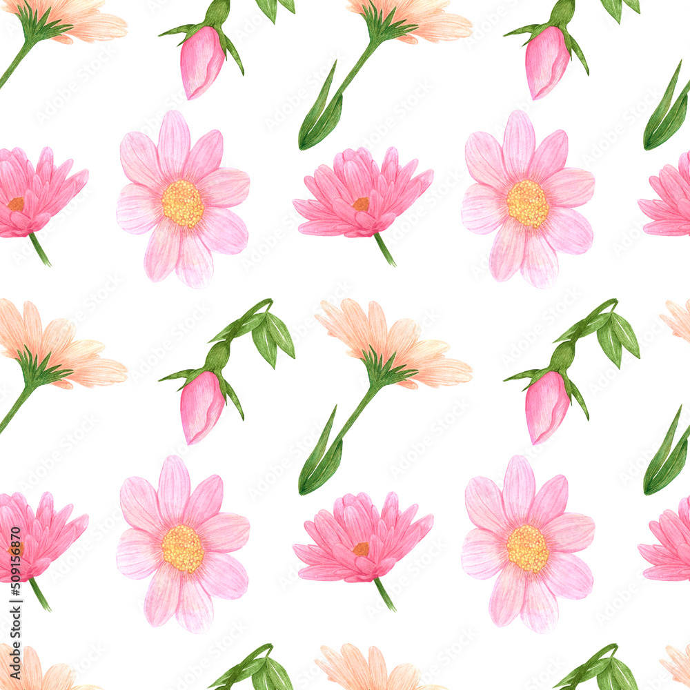 Handdrawn aster seamless pattern. Watercolor pink flowers with green leaves on the white background. Scrapbook design, typography poster, label, banner, textile.
