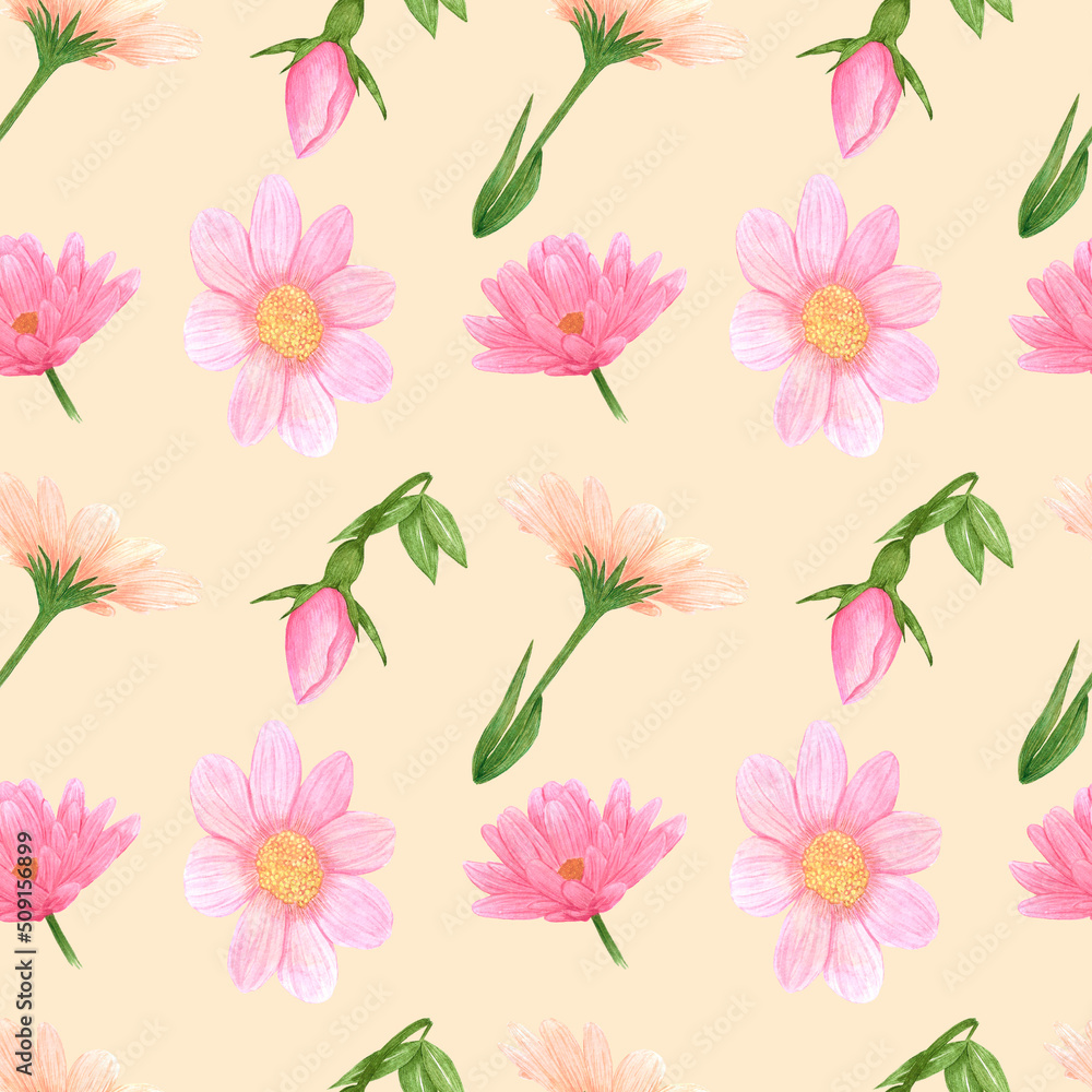 Handdrawn aster seamless pattern. Watercolor pink flowers with green leaves on the cream background. Scrapbook design, typography poster, label, banner, textile.