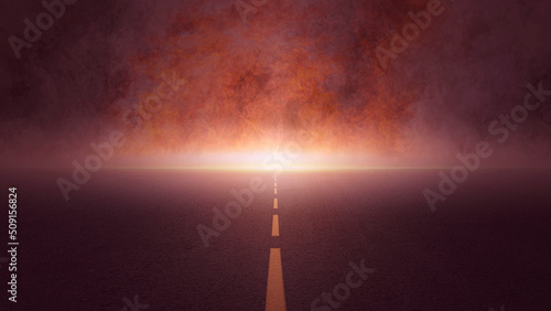 Fotografie, Tablou Empty dark street asphalt scene background, Fire flames are burning with smoke floating up Night view of the street