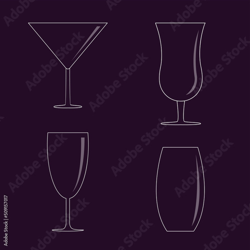 Cocktail glass icon set. Different types of glasses with cocktails. Alcohol drinks. Line art. Empty crystal glasses shape. Martini, wine, champagne. Shining effect. Flat design. Black background.