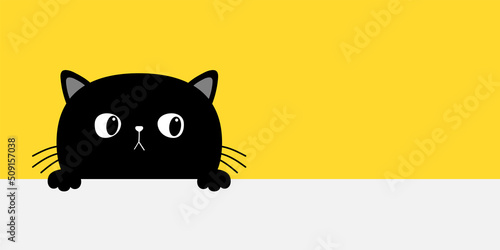 Cat head face hanging on paper board template banner. Black funny kitten body with paw print. Cute cartoon character set. Kawaii animal. Baby card. Pet collection. Flat design. Yellow background