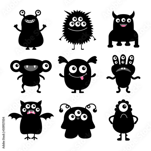 Monster icon set. Happy Halloween. Kawaii cute cartoon funny baby character. Sticker print. Black silhouette. Eyes, horn, fang teeth tongue, wing. Flat design. White background.