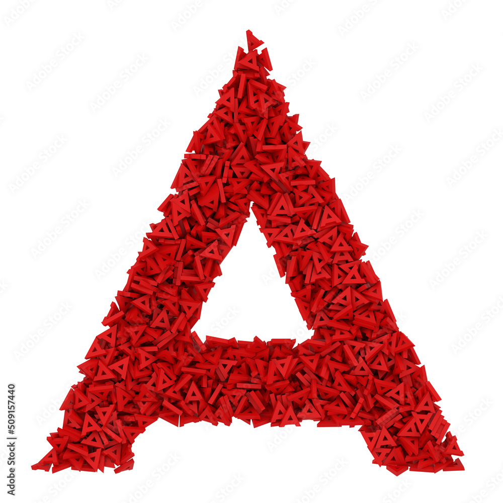 Letter A made of small red letters A, isolated on white, physical simulation, 3d rendering
