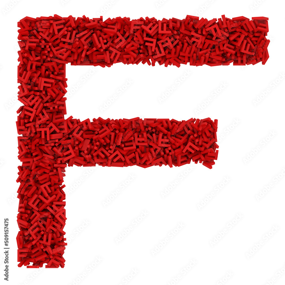 Letter F made of small red letters F, isolated on white, physical simulation, 3d rendering Letter F made of small red letters F, isolated on white, physical simulation, 3d rendering