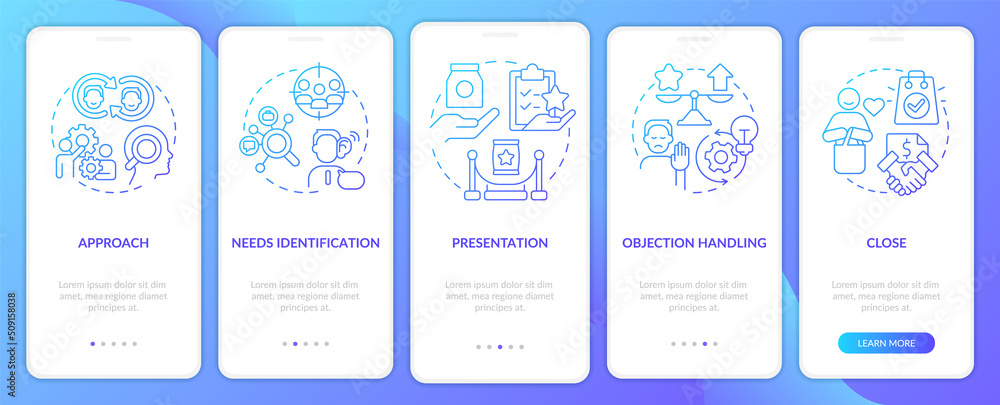 Sales process blue gradient onboarding mobile app screen. Product marketing walkthrough 5 steps graphic instructions with linear concepts. UI, UX, GUI template. Myriad Pro-Bold, Regular fonts used