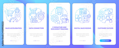 Sales tools blue gradient onboarding mobile app screen. Marketing tendencies walkthrough 5 steps graphic instructions with linear concepts. UI, UX, GUI template. Myriad Pro-Bold, Regular fonts used