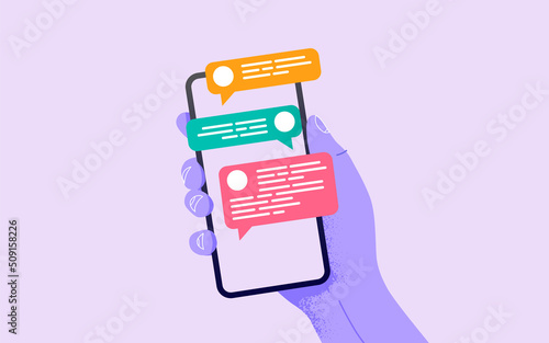 Hand holding phone with messages. Communication and social networking concept. Vector illustration